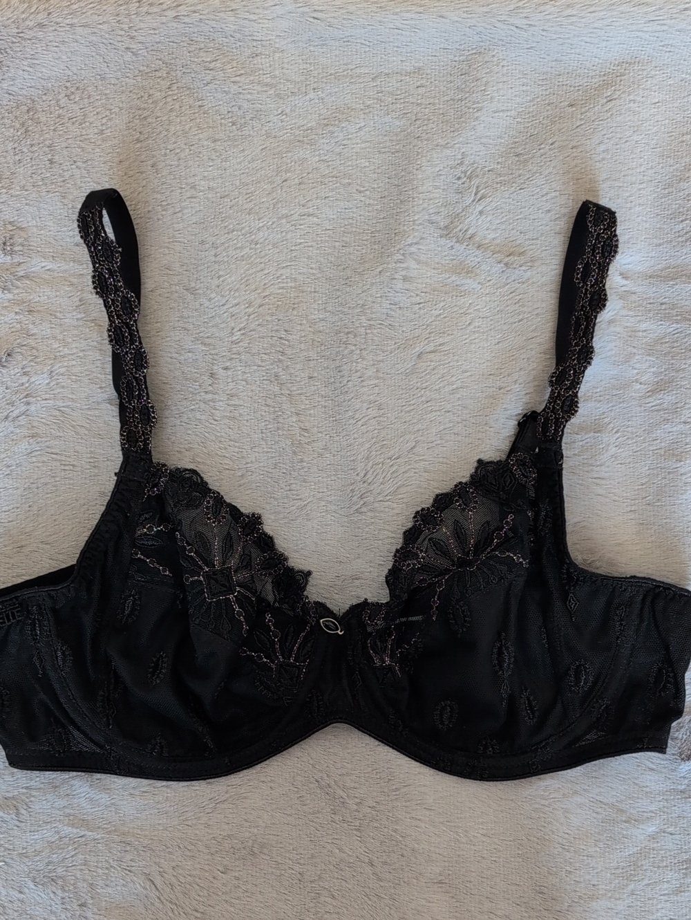 Black Lace Underwire Bra with Golden Floral Embroidery - Women's Intimates